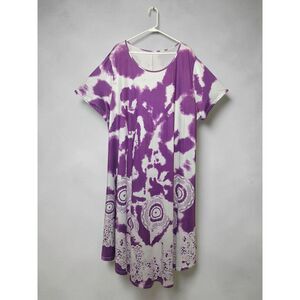 Purple & White Tie Dye Mandala Lace Print T-Shirt Dress -Plus Size 5X